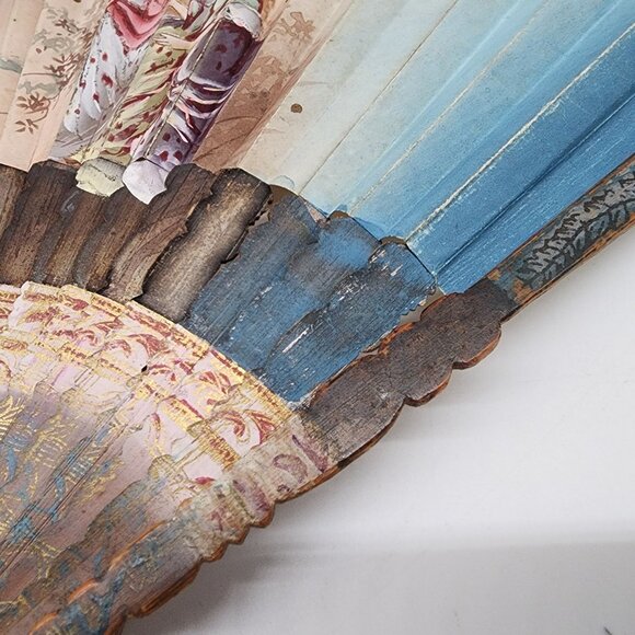 Antique Hand Painted Folding Hand Fan Elegant Ladies Design Wooden Ribs Wall Art - Picture 5 of 11